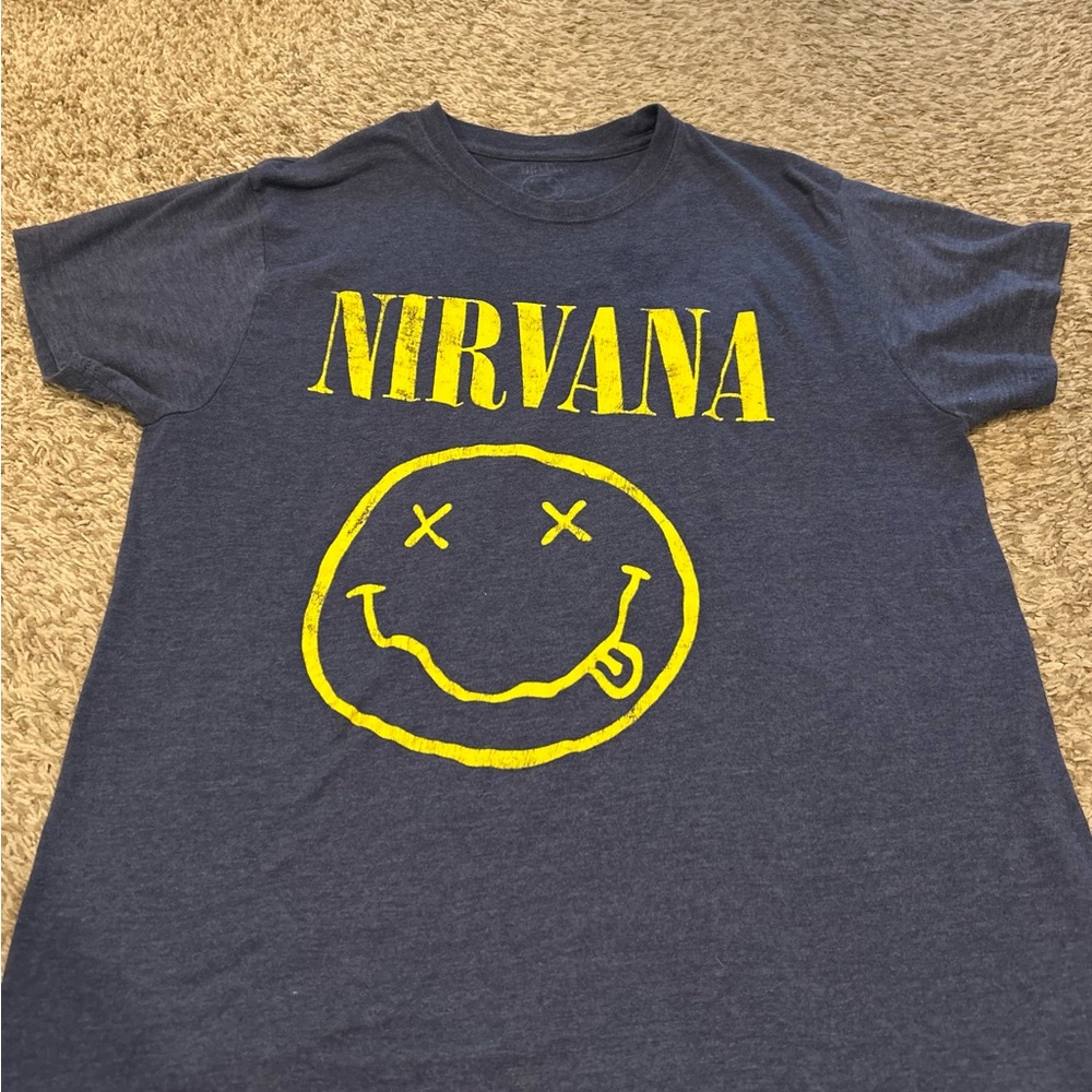 NIRVANA Blue and charcoal grey Smiley Face T-Shirts - Picture 3 of 3